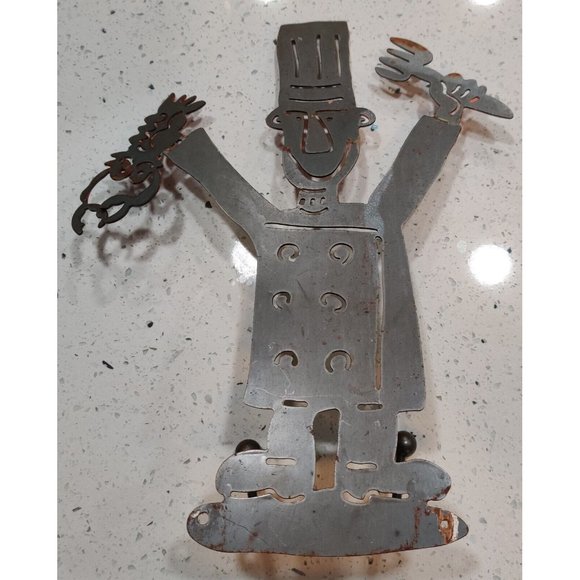 Laser Cut Metal Art Chef w/ Fork VS Lobster Towel Hooks 15" Rustic Shop Decor - Picture 11 of 16